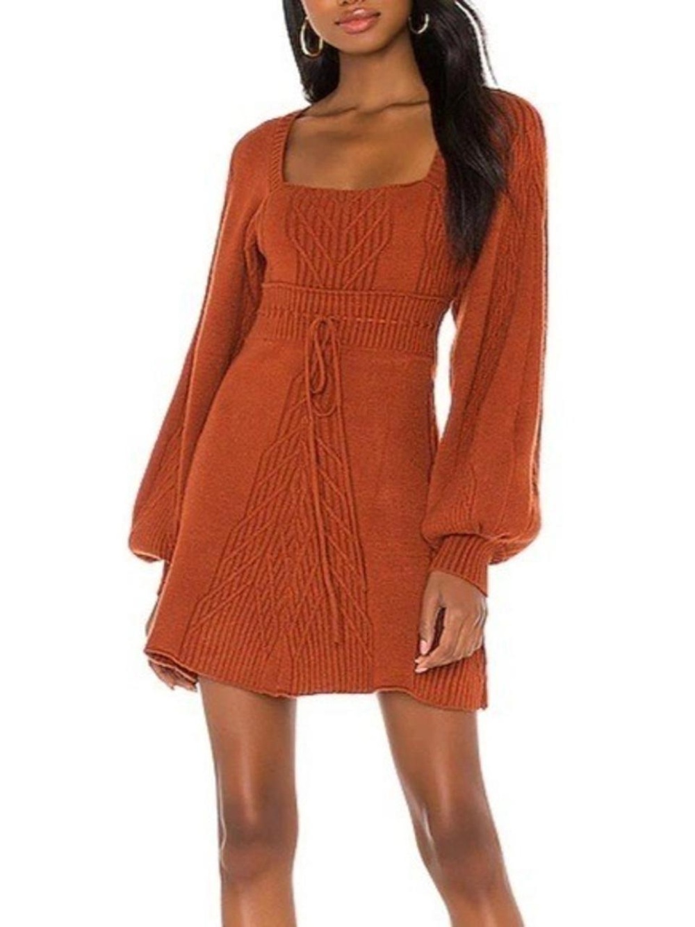 Square-Neck Rust Cable-Knit Sweater Dress